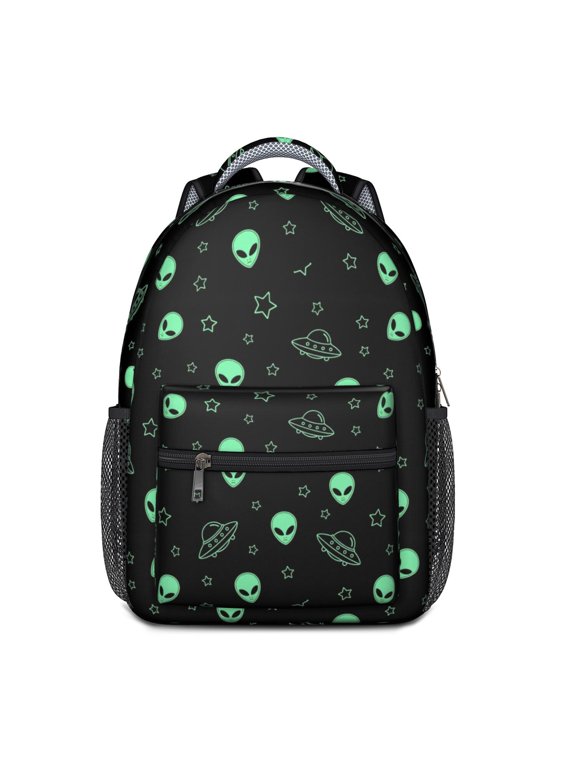 Alien and UFO Black Pattern Backpack for School, Cute School Bag with Adjustable Shoulder Straps and Padded Back, 15.3"x11"x6.7"