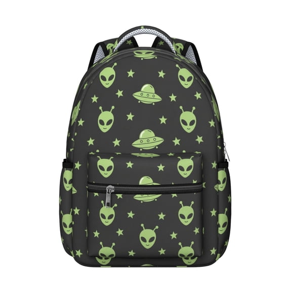 Alien and UFO Black Pattern Backpack for School, Cute School Bag with Adjustable Shoulder Straps and Padded Back, 15.3"x11"x7.1"