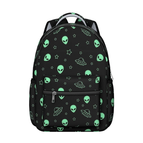 Alien and UFO Black Pattern Backpack for School, Cute School Bag with Adjustable Shoulder Straps and Padded Back, 15.3"x11"x7.1"
