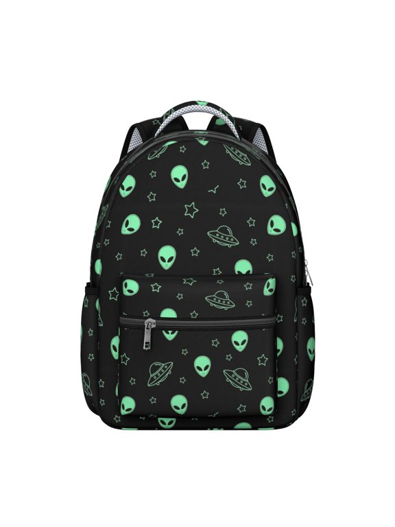 Alien and UFO Black Pattern Backpack for School, Cute School Bag with Adjustable Shoulder Straps and Padded Back, 15.3"x11"x7.1"