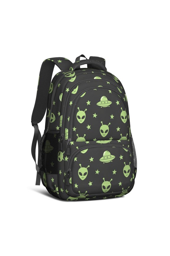Alien and UFO Black Pattern Backpack for School, Cute School Bag with Adjustable Shoulder Straps and Padded Back, 16.9"x12.6"x5.9"