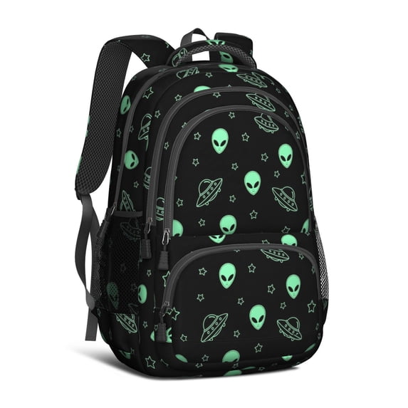 Alien and UFO Black Pattern Backpack for School, Cute School Bag with Adjustable Shoulder Straps and Padded Back, 16.9"x12.6"x5.9"
