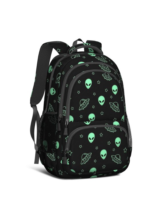 Alien and UFO Black Pattern Backpack for School, Cute School Bag with Adjustable Shoulder Straps and Padded Back, 16.9"x12.6"x5.9"