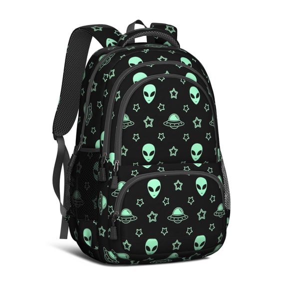 Alien and UFO Black Pattern Cute School Backpack Bag with Padded Back and Adjustable Shoulder Straps 16.9 X 12.6 X 5.9 Inches