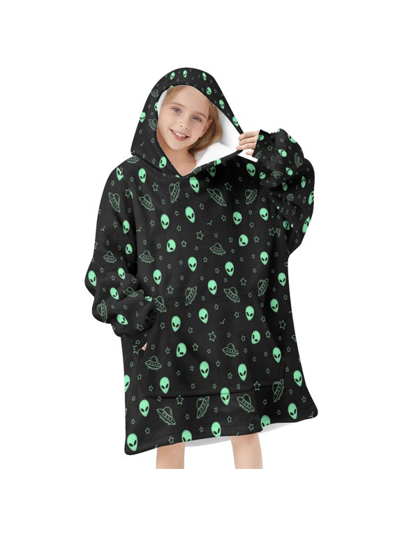 Alien and UFO Black Pattern Flannel Blanket Hoodies for Teens ,Teens Oversize Sherpa Wearable Hooded Blanket Sweatshirt with Super Pockets
