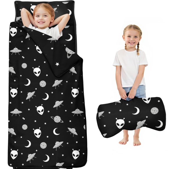 Alien and UFO Black Pattern Teens Toddler Nap Mat with Pillow, Sleeping Mat Bag for Preschool Daycare 60"x20"