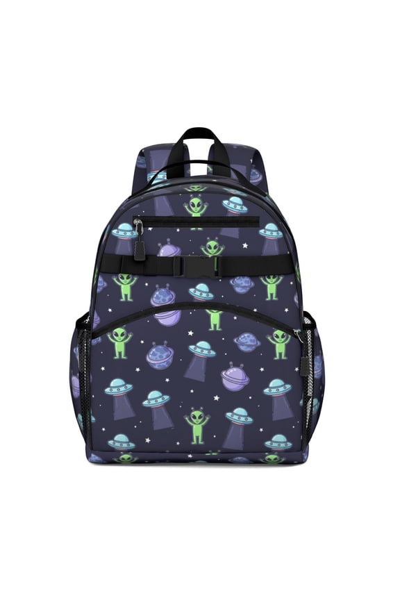 Alien and UFO Deep Blue Pattern Backpack for School, Cute School Bag with Adjustable Shoulder Straps and Padded Back, 15.25"x11.5"x5.25"