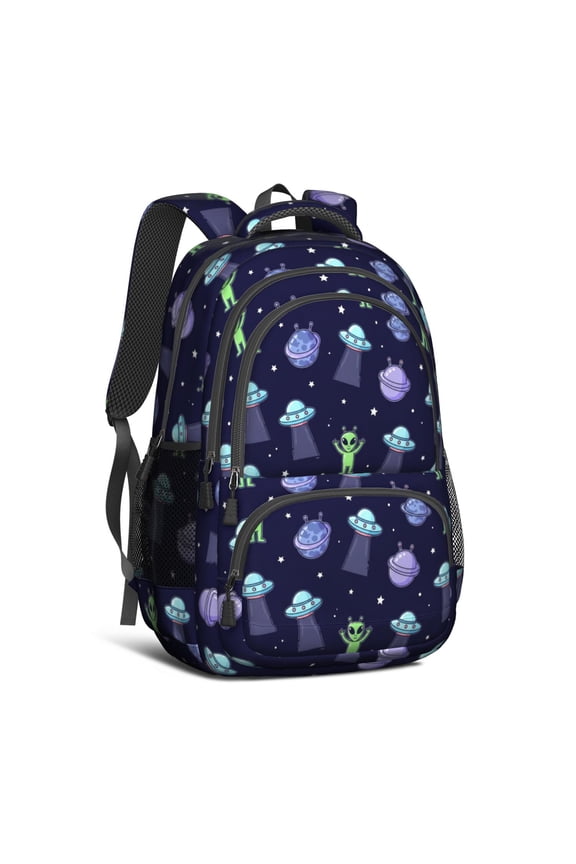 Alien and UFO Deep Blue Pattern Backpack for School, Cute School Bag with Adjustable Shoulder Straps and Padded Back, 16.9"x12.6"x5.9"
