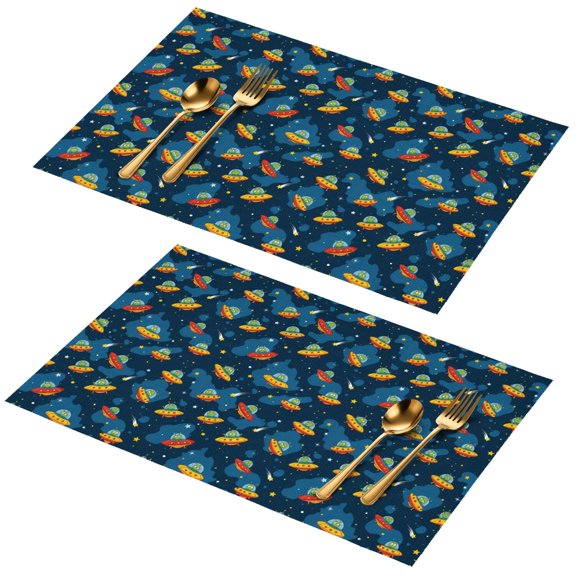 Alien and UFO Deep Blue Pattern PVC Woven Placemats Set Of 2, Outdoor Picnic Placemats Non-slip Gift Ideas for Dining Table Bar,12" X 18"