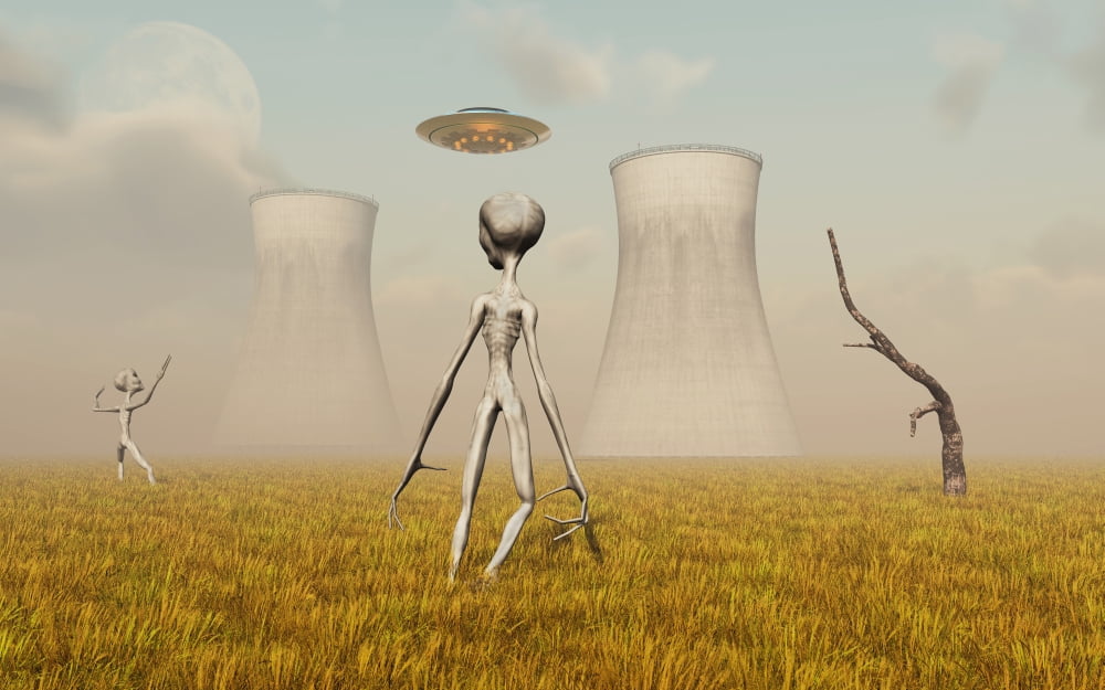 Alien and UFO activity at a nuclear power station Canvas Art - Mark StevensonStocktrek Images (18 x 12)