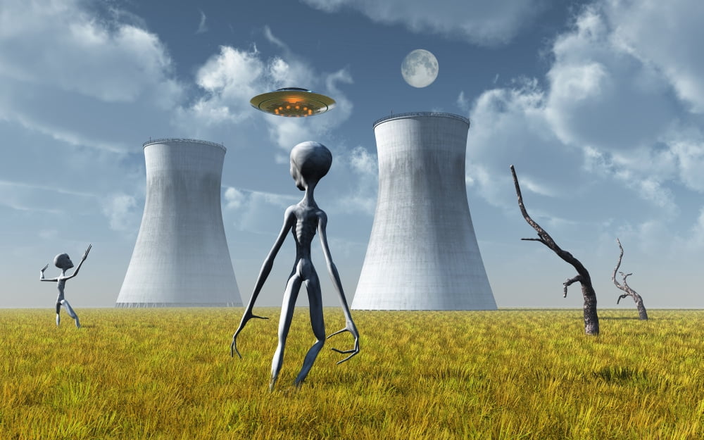 Alien and UFO activity at a nuclear power station Canvas Art - Mark StevensonStocktrek Images (36 x 23)