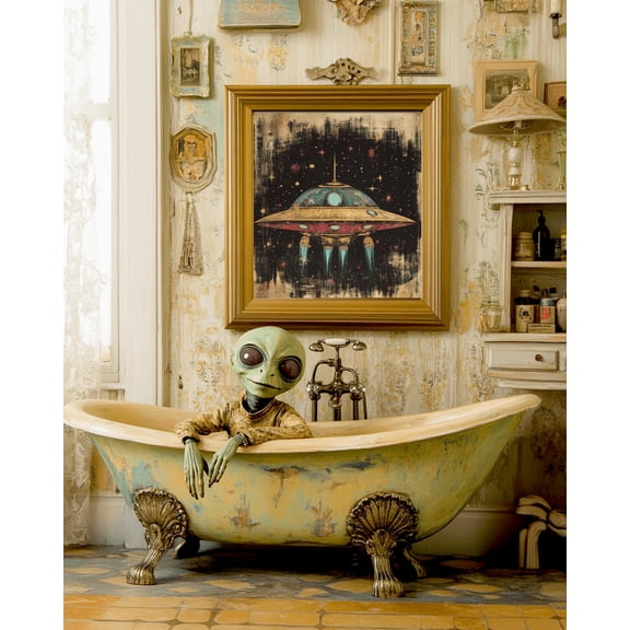 Alien in a Bathtub - Aliens, Spaceships Outer-Space Wall Art Prints  8x10 Artwork for 11x14 Frame