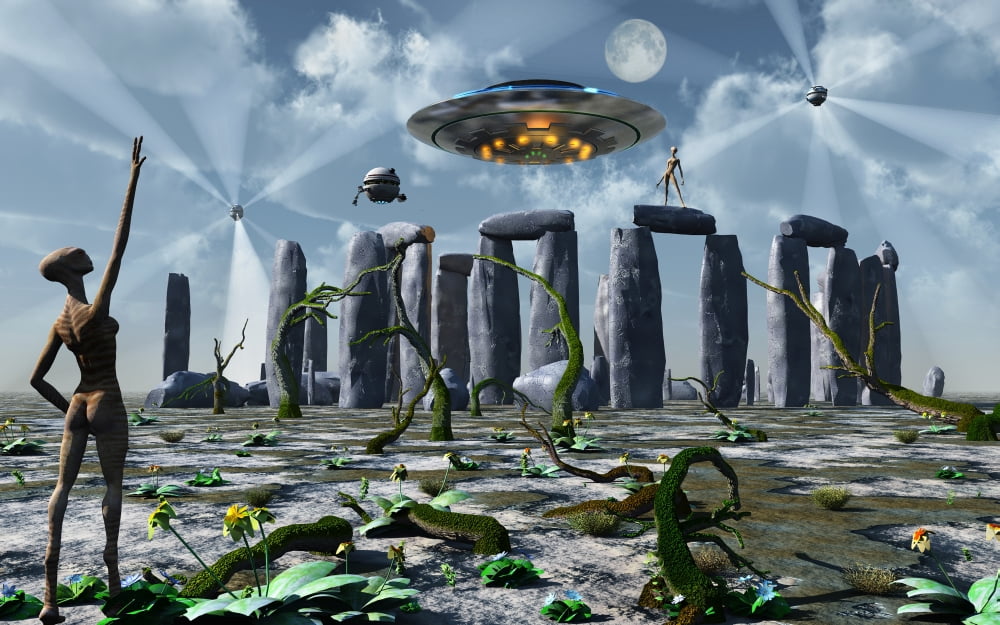 Alien interdimensional beings recharge their vehicles at Stonehenge Canvas Art - Mark StevensonStocktrek Images (18 x 12)