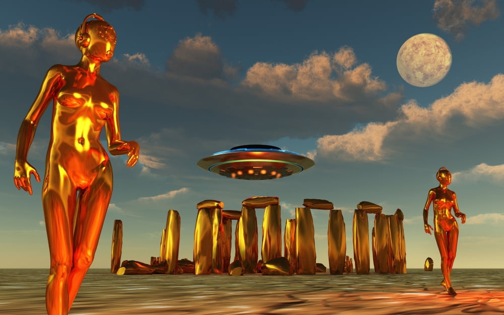 Alien interdimensional beings recharge their vehicles at Stonehenge Canvas Art - Mark StevensonStocktrek Images (36 x 23)