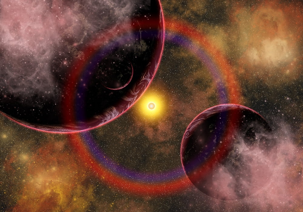 Alien planets located in a vast colorful gaseous nebula Canvas Art - Mark StevensonStocktrek Images (34 x 24)