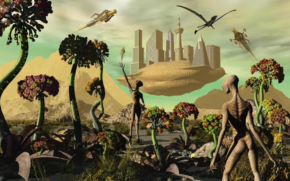 Alien reptoid beings tend to a garden located on their distant world Canvas Art - Mark StevensonStocktrek Images (18 x 12)