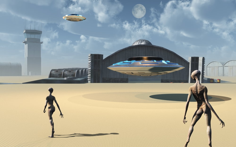 Alien reptoids and their flying saucers at Area 51 Canvas Art - Mark StevensonStocktrek Images (18 x 12)