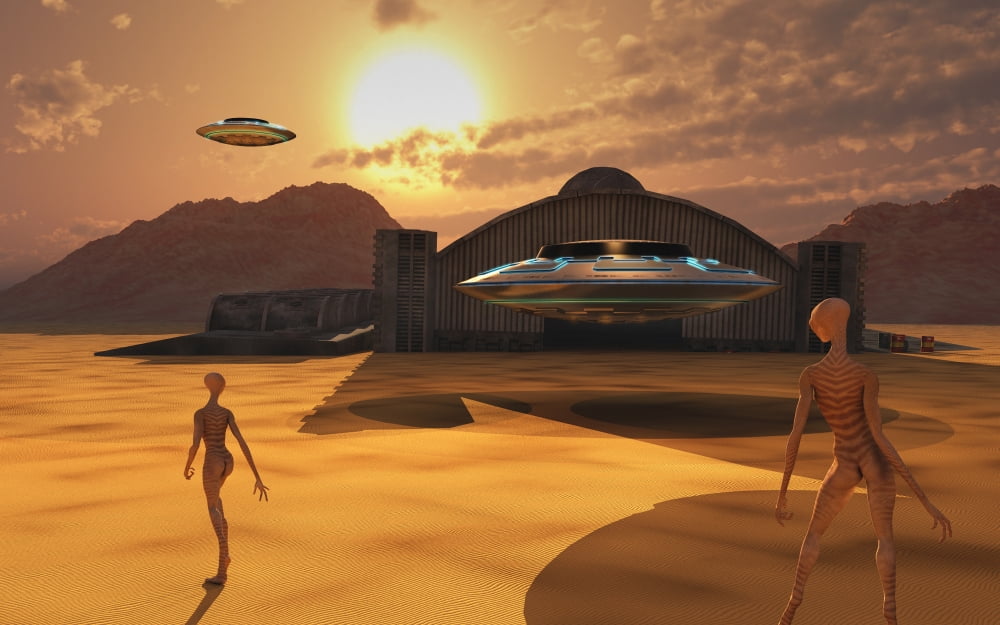 Alien reptoids and their flying saucers at Area 51 Canvas Art - Mark StevensonStocktrek Images (36 x 23)