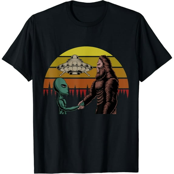 Alien with UFO shake hands with Bigfoot in sunset T-Shirt