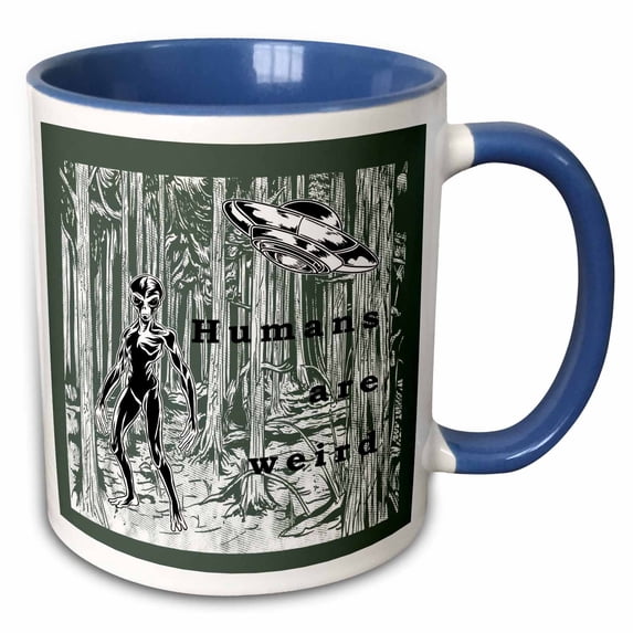 3drose, Aliens and Spaceships with Text - Humans Are Weird, 15oz Two-tone Blue Mug