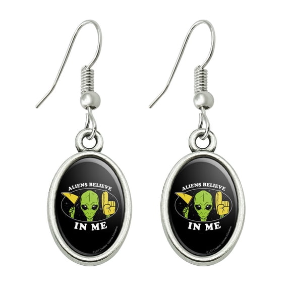 Aliens Believe in Me Funny Humor Novelty Dangling Drop Oval Charm Earrings