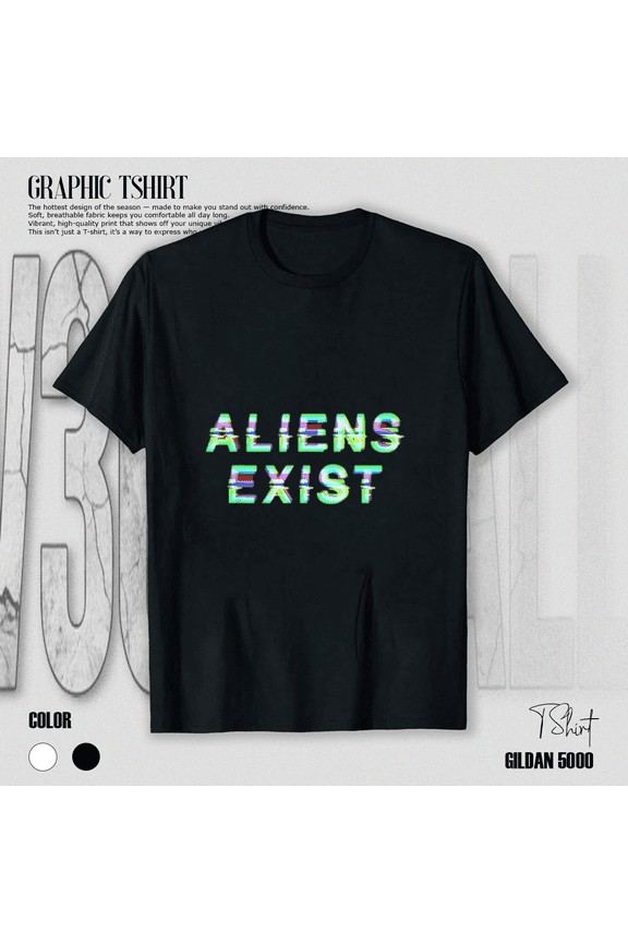 Aliens Exist Vaporwave Glitch Style UFO Alien Abduction Graphic Unisex T-Shirt, up to size 5XL