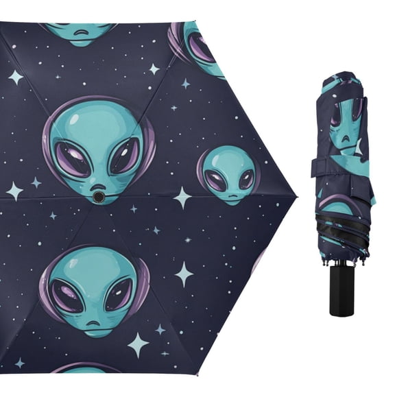 Aliens Faces Stars All Weather Umbrella Triple Folding Parasol 6 Ribs UV Protection Portable