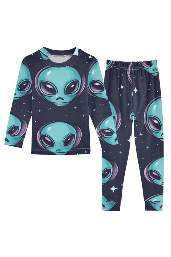 Aliens Faces Stars Cotton Pajama Set Long Sleeve Top and Pants Sleepwear Unisex 18M
