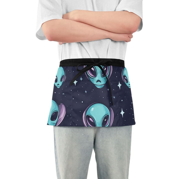 Aliens Faces Stars Short Server Apron with 3 Pockets for Unisex Chef Gardening