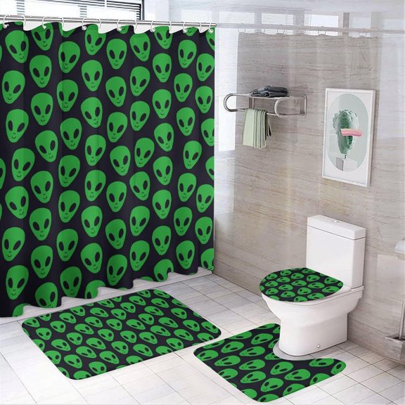 Aliens Faces UFO 4Pcs Shower Curtain Set Washable Bathroom Sets with Toilet Lid Cover and Non-Slip Rug Bath Accessories Decor