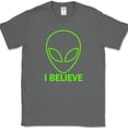 thumbnail image 1 of Aliens I Believe T-Shirt Funny ET UFO Abduction Green Man Humor Tee - Charcoal, S, 1 of 1