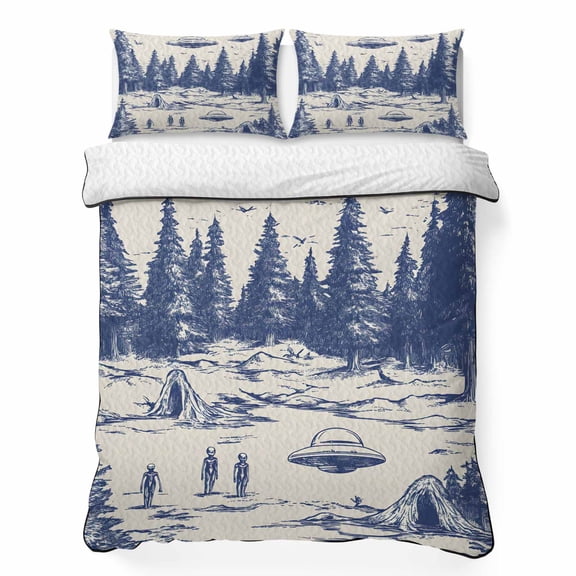 Aliens UFO 3 Piece Quilt Bedding Set with 2 Pillow Shams, Forest Lightweight Bedspread Coverlet, Soft Breathable All Season Quilt, 96 x 106 Inch