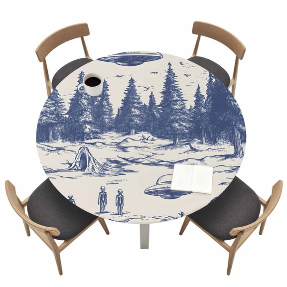 Aliens UFO Round Fitted Tablecloth with Elastic Edge Forest Table Cover Fit for 45"-54" Tables Waterproof Tablecloths for Dinner Camping Picnic