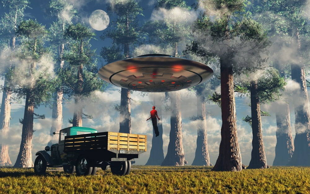 Aliens abducting a man into a flying saucer Canvas Art - Mark StevensonStocktrek Images (18 x 12)