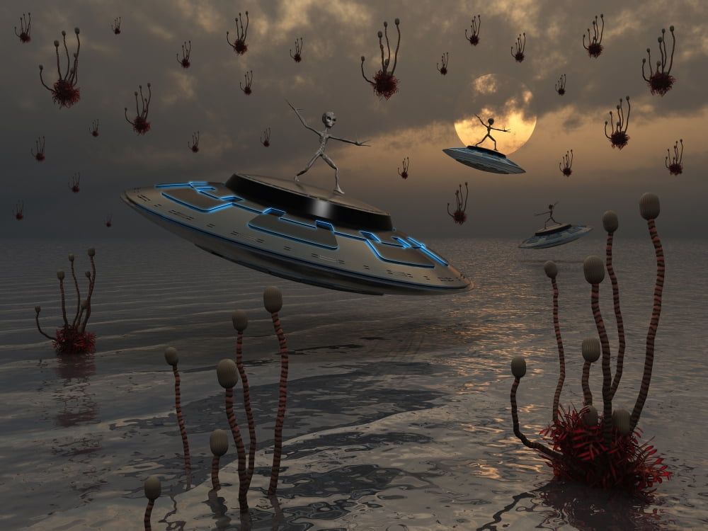 Aliens celebrate their annual harvest on their UFOs Canvas Art - Mark StevensonStocktrek Images (33 x 25)
