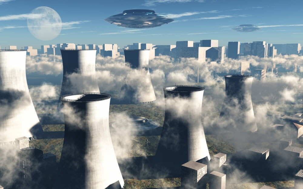 Aliens visiting a nuclear power station Canvas Art - Mark StevensonStocktrek Images (18 x 12)