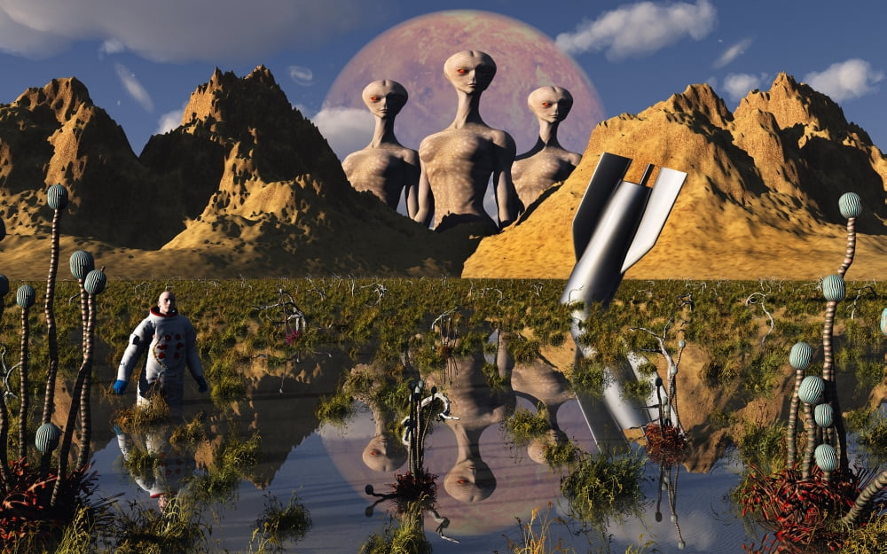 Aliens watch an astronaut who has escaped from his crashed space rocket Canvas Art - Mark StevensonStocktrek Images (18 x 12)