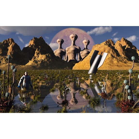 Aliens watch an astronaut who has escaped from his crashed space rocket Canvas Art - Mark StevensonStocktrek Images (18 x 12)