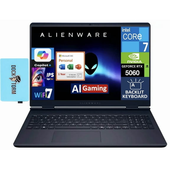 Alienware 16 Aurora AI Gaming Laptop 16.0in 120Hz IPS WQXGA Display (Intel Core 7 240H, NVIDIA GeForce RTX 5060 8GB, 64GB DDR5, Win 11 Pro) w/Microsoft 365 Personal , DKZ USB Port Expander