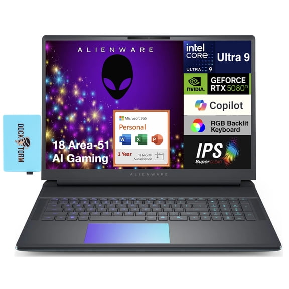 Alienware 18 Area-51 AA18250 AI Gaming Laptop 18in WQXGA (Intel Ultra 9- 275HX, NVIDIA GeForce RTX 5080 16GB, 64GB DDR5, 2TB PCIe SSD, Win 11 Pro) w/Microsoft 365 Personal , DKZ USB Port Expander