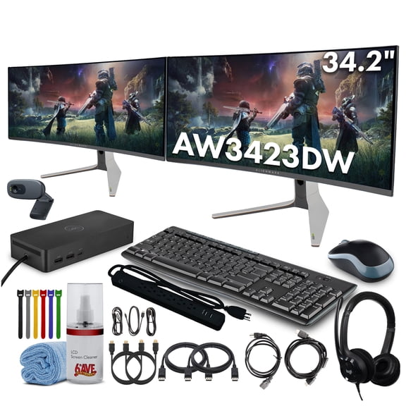 Alienware AW3423DW 34.2 Curved QD-OLED PC Gaming Monitor, 3440x1440 Ultrawide, 175Hz, 0.1ms, G-Sync Ultimate, HDR True Black 400, 99.3% DCI-P3, USB Hub, Lunar Light 2x Monitors Bundle