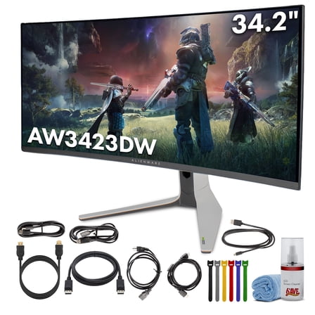 Alienware AW3423DW 34.2 Curved QD-OLED PC Gaming Monitor, 3440x1440 Ultrawide, 175Hz, 0.1ms, G-Sync Ultimate, HDR True Black 400, 99.3% DCI-P3, USB Hub, Lunar Light Bundle