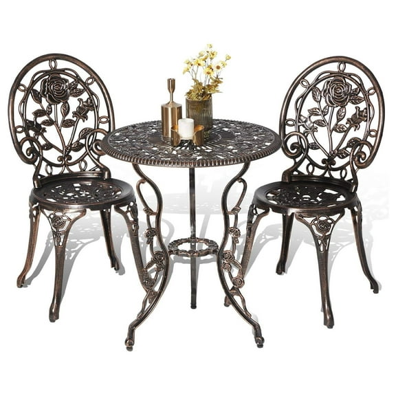 Alieon Bistro Table and Chairs Set of 2 Outdoor -3 Piece Outdoor Patio Set, Rose Pattern Cast Aluminum Patio Bistro Set for Garden Balcony, Durable Rust All-Weather Resistance, Rose Bronze