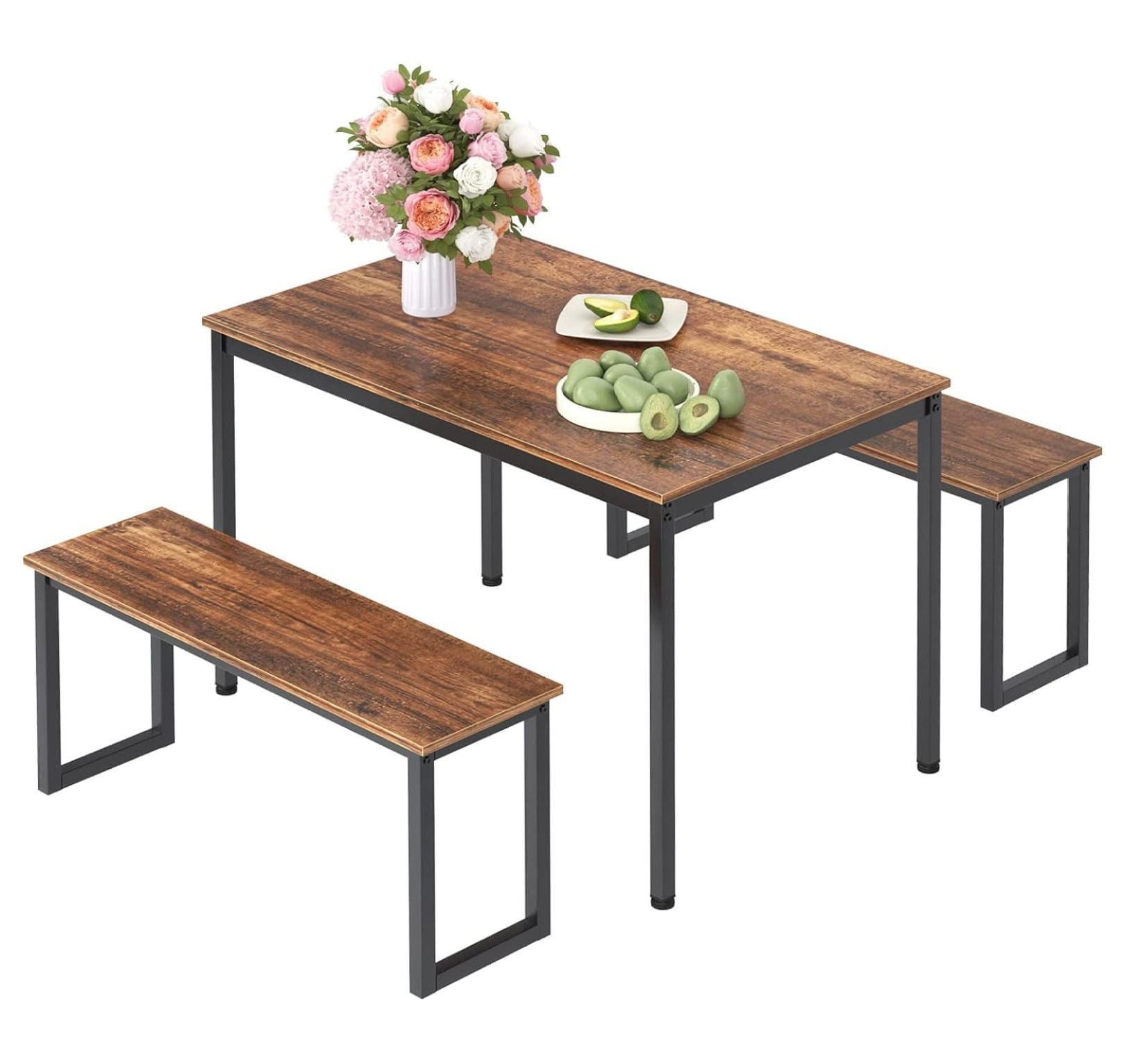 Industrial Brown and Black Rectangular Dining Table Set with Benches