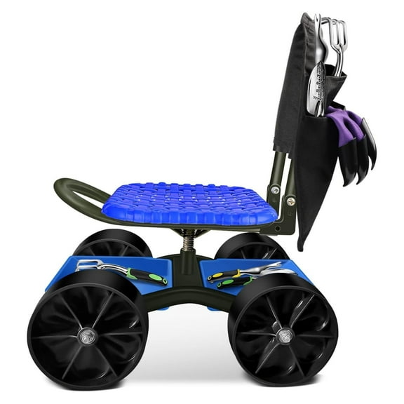 Alieon Garden Cart Rolling Stool with Four Wheels and Tool Bag, Stable Workseat Sturdy Cart Adjustable Seat Height and Direction, Gardening Helper, Dark Green