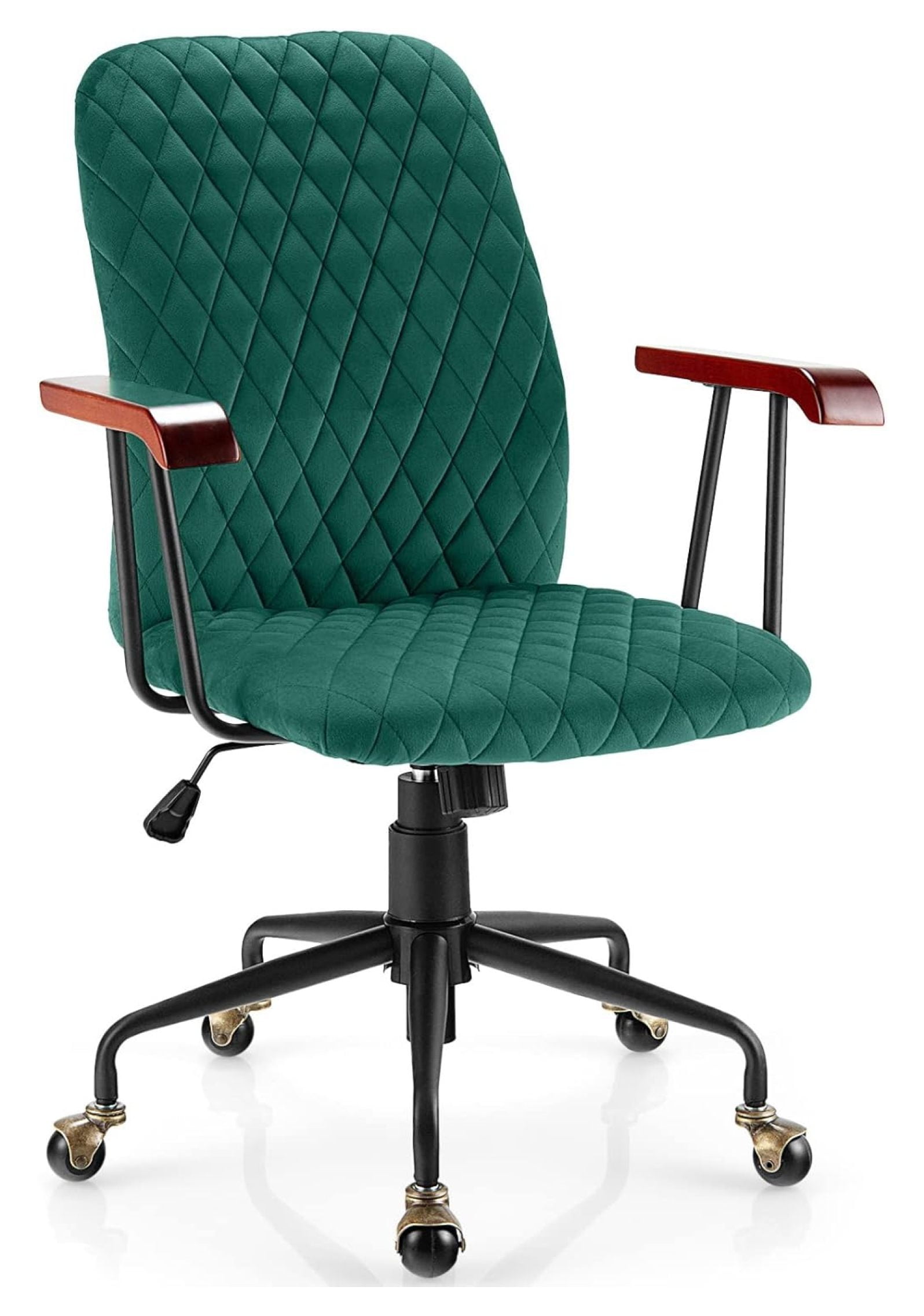 Green Velvet Adjustable Swivel Task Chair with Wooden Armrests