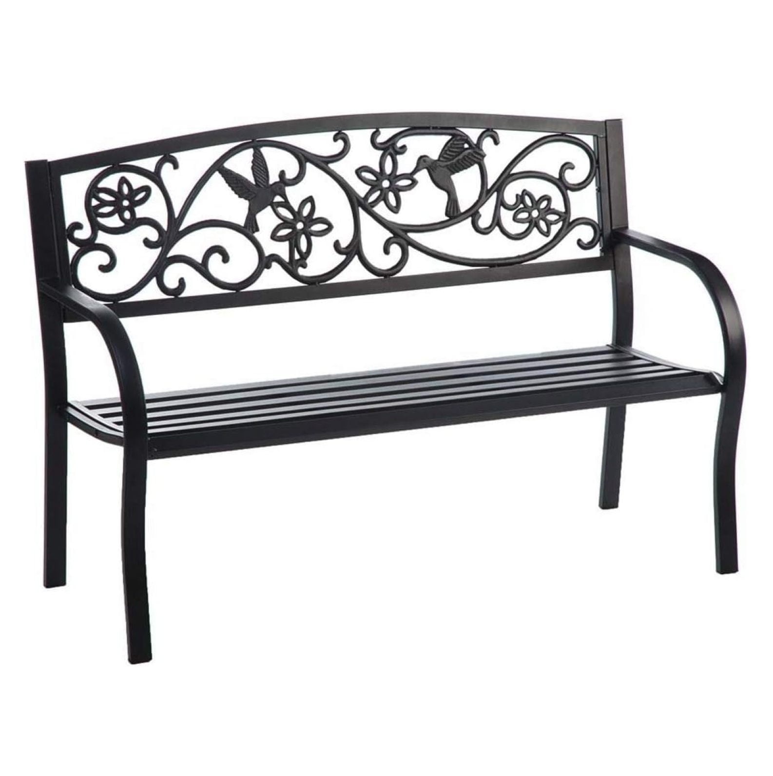 48.2" Black Cast-Iron and Steel Hummingbird Garden Bench
