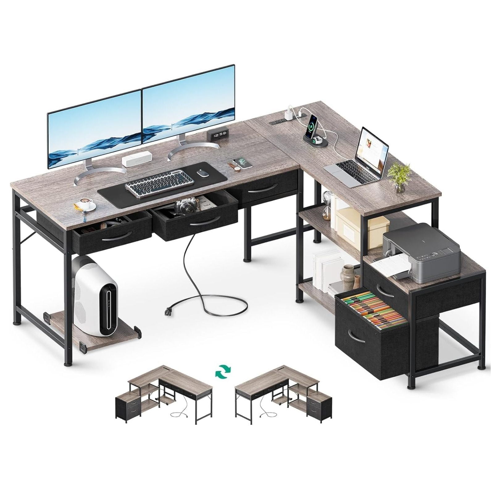 Alieon L Shaped Computer Desk with Fabric Drawers and File Cabinet, 53 ...