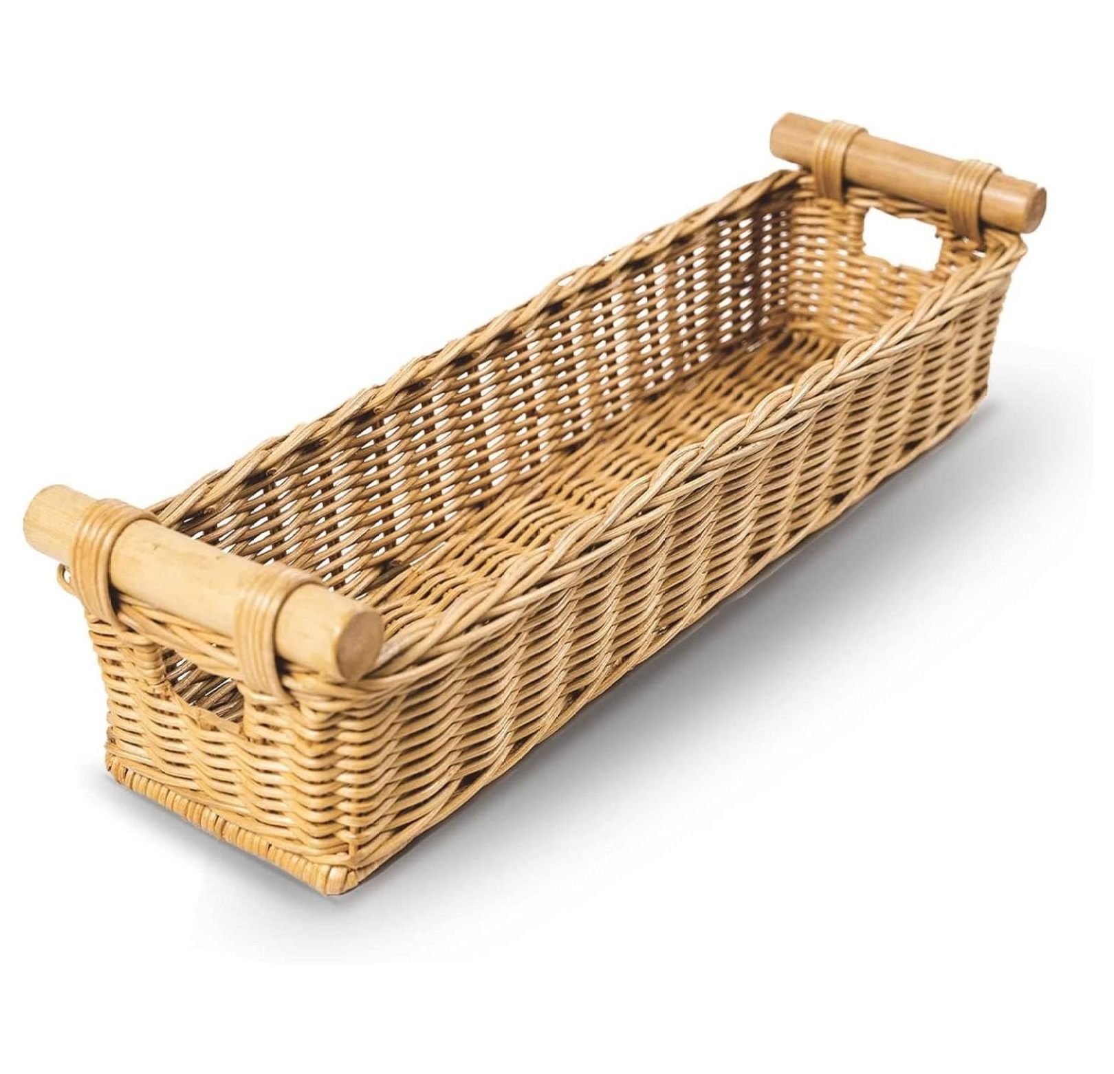 The Basket Lady Long Narrow Wicker Basket With Pole Handle - Medium Sandstone, 19x7x5.5 Inches