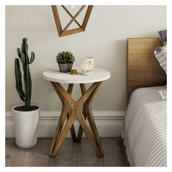 Alieon Pedestal Farmhouse End Table, Distressed White Top with Tripod Base Bedside Table for Living Room, Modern, Boho Decor, Round